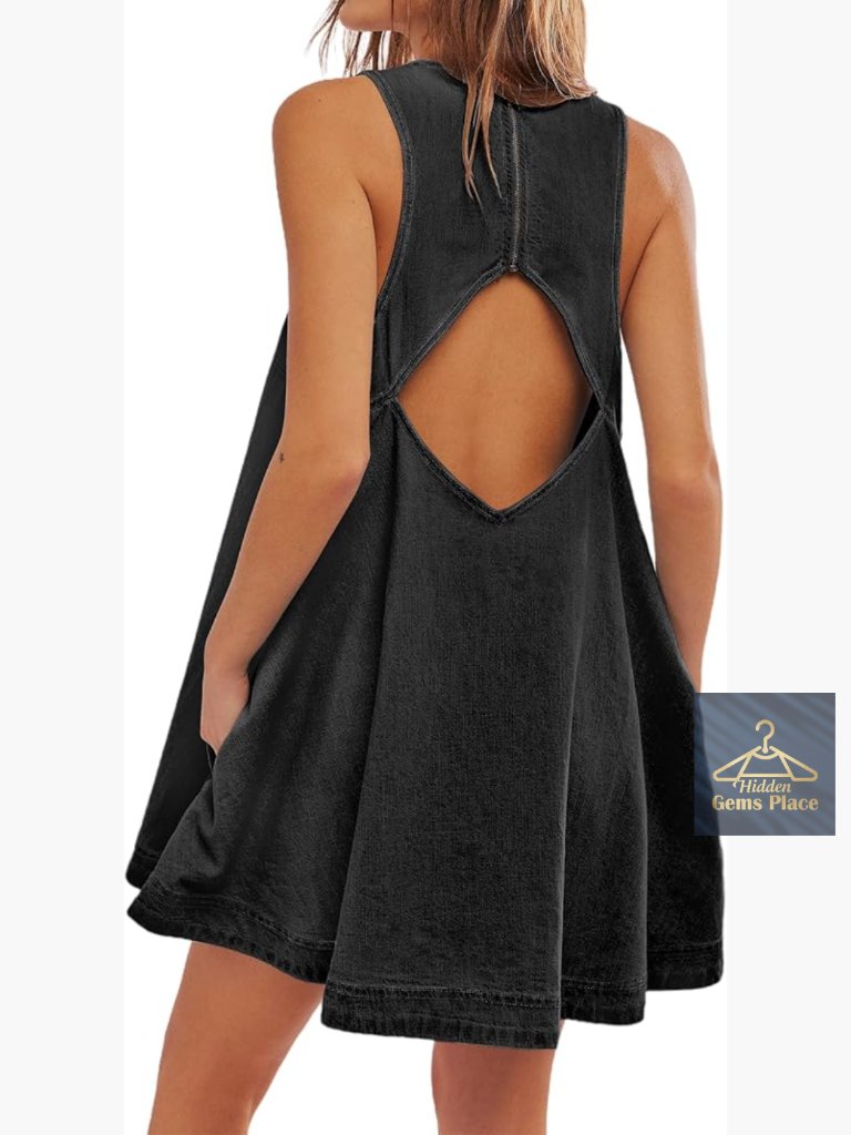 Sleeveless Denim Jean Mini Dress With Pockets Scoop Neck